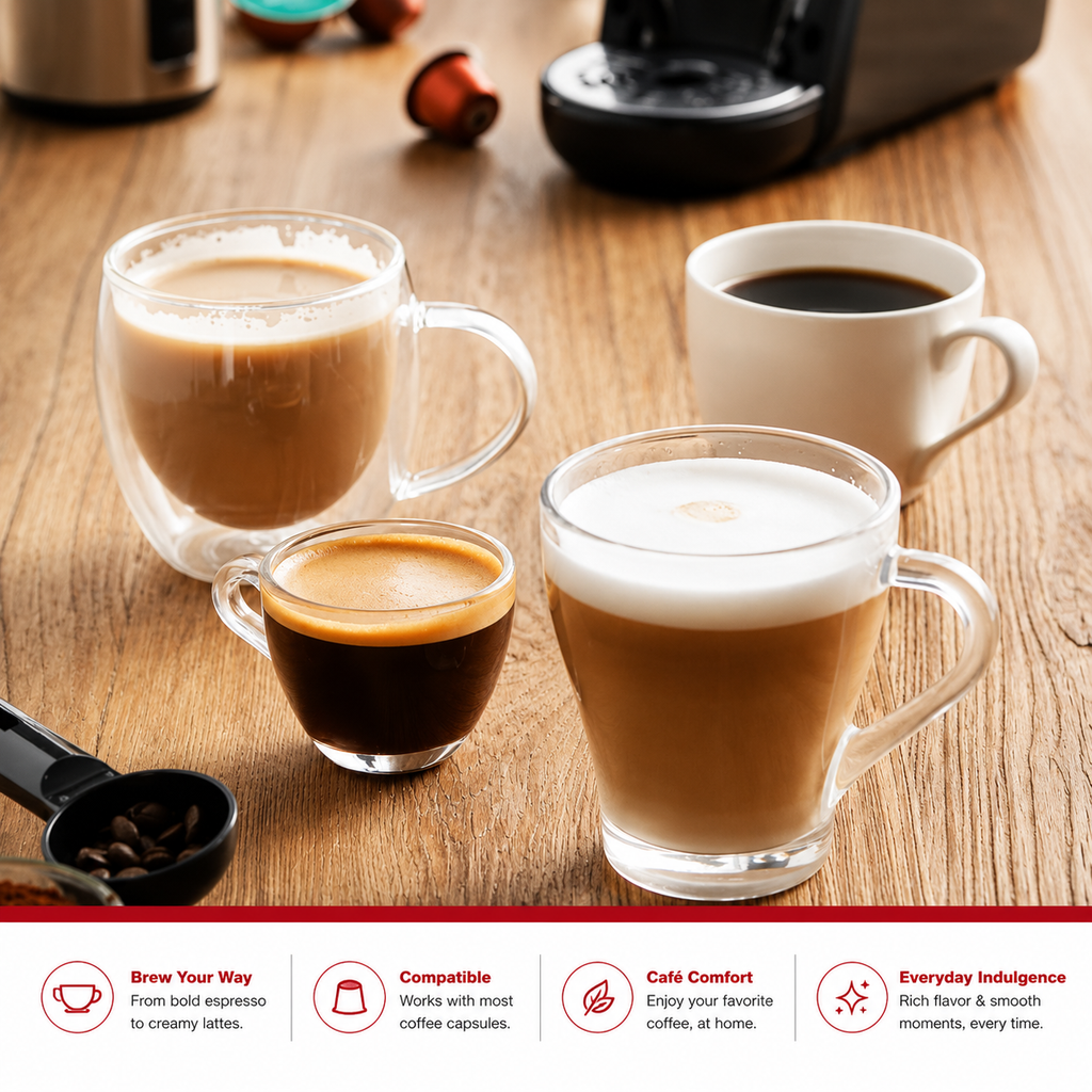 Premium 4-in-1 Capsule Coffee Machine 19 Bar Espresso Maker Compatible with Nespresso Dolce Gusto K-Cup Ground Coffee Hot Cold Brew Compact Coffee Machine