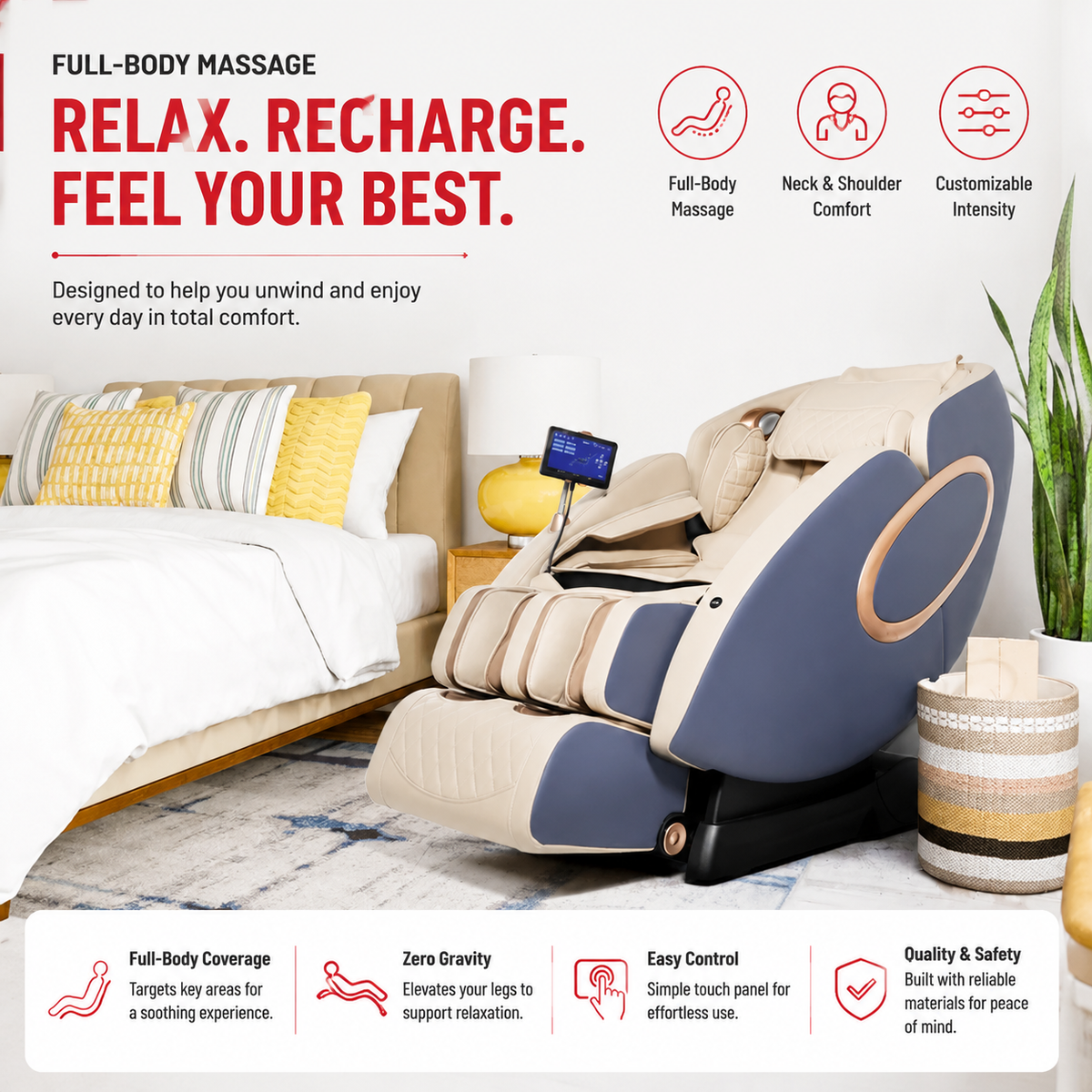Premium 4D Massage Chair SL-Track Full Body Shiatsu Recliner Zero Gravity Electric Massage Chair Yoga Stretching Foot Roller Heat Bluetooth Home Relaxation Chair