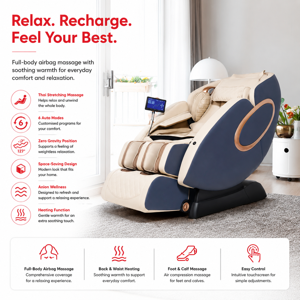 Premium 4D Massage Chair SL-Track Full Body Shiatsu Recliner Zero Gravity Electric Massage Chair Yoga Stretching Foot Roller Heat Bluetooth Home Relaxation Chair