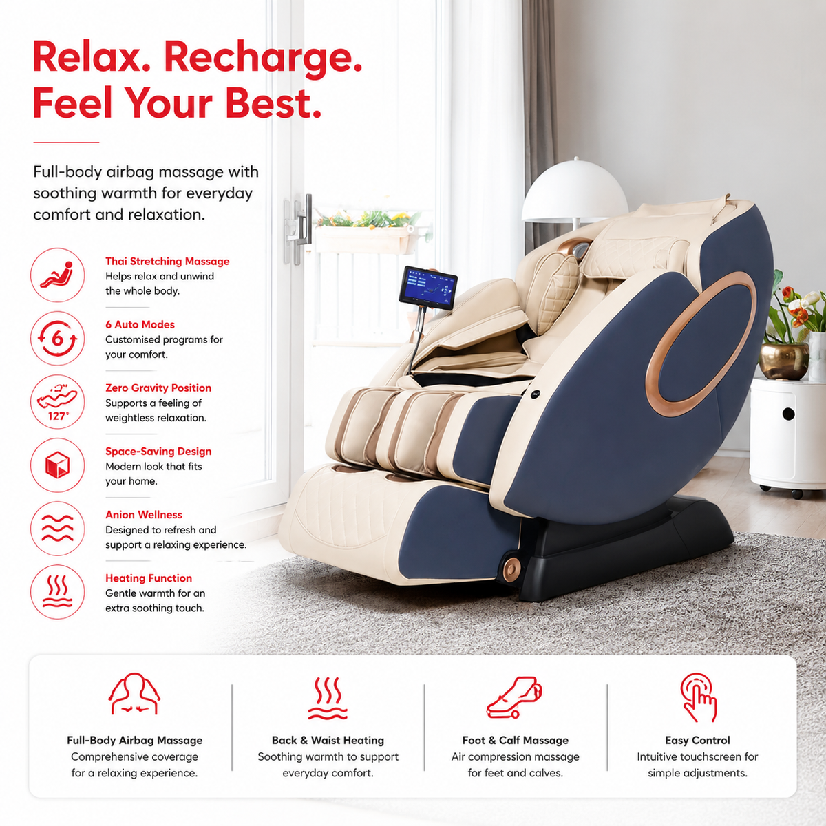 Premium 4D Massage Chair SL-Track Full Body Shiatsu Recliner Zero Gravity Electric Massage Chair Yoga Stretching Foot Roller Heat Bluetooth Home Relaxation Chair