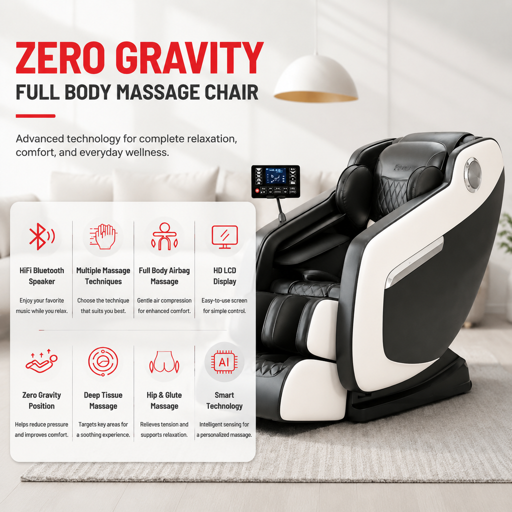 Premium 4D Zero Gravity Massage Chair Full Body Shiatsu Recliner Heating Airbag Compression Bluetooth Music Home Relaxation Ergonomic Comfort Furniture Use