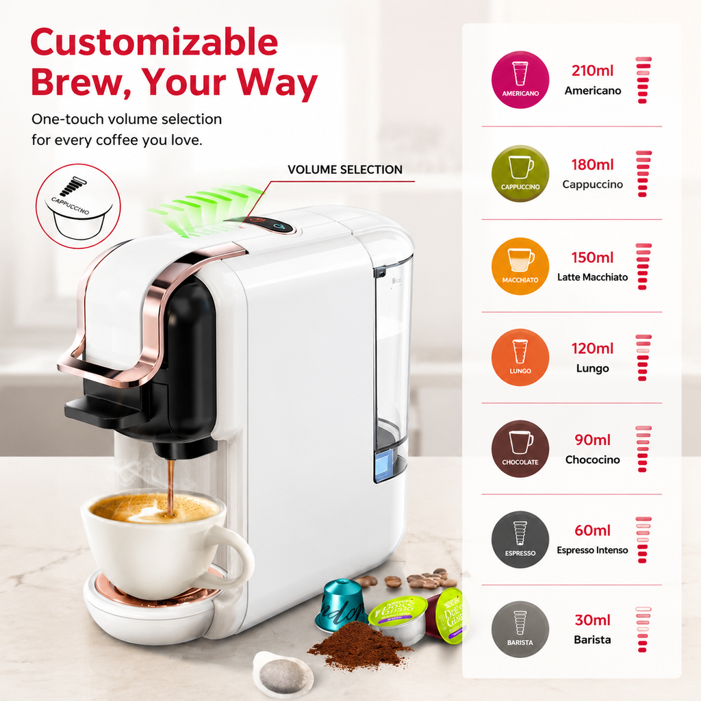 Premium 5-in-1 Capsule Coffee Machine 20 Bar Espresso Maker Compatible with Nespresso K-Cup Dolce Gusto ESE Pods Ground Coffee Hot Cold Brew Coffee Machine