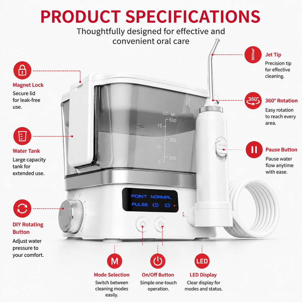Premium 600ML Oral Irrigator Electric Water Flosser 10 Modes IPX7 Waterproof Rechargeable Dental Cleaner 4 Tips Adjustable Pressure Oral Care