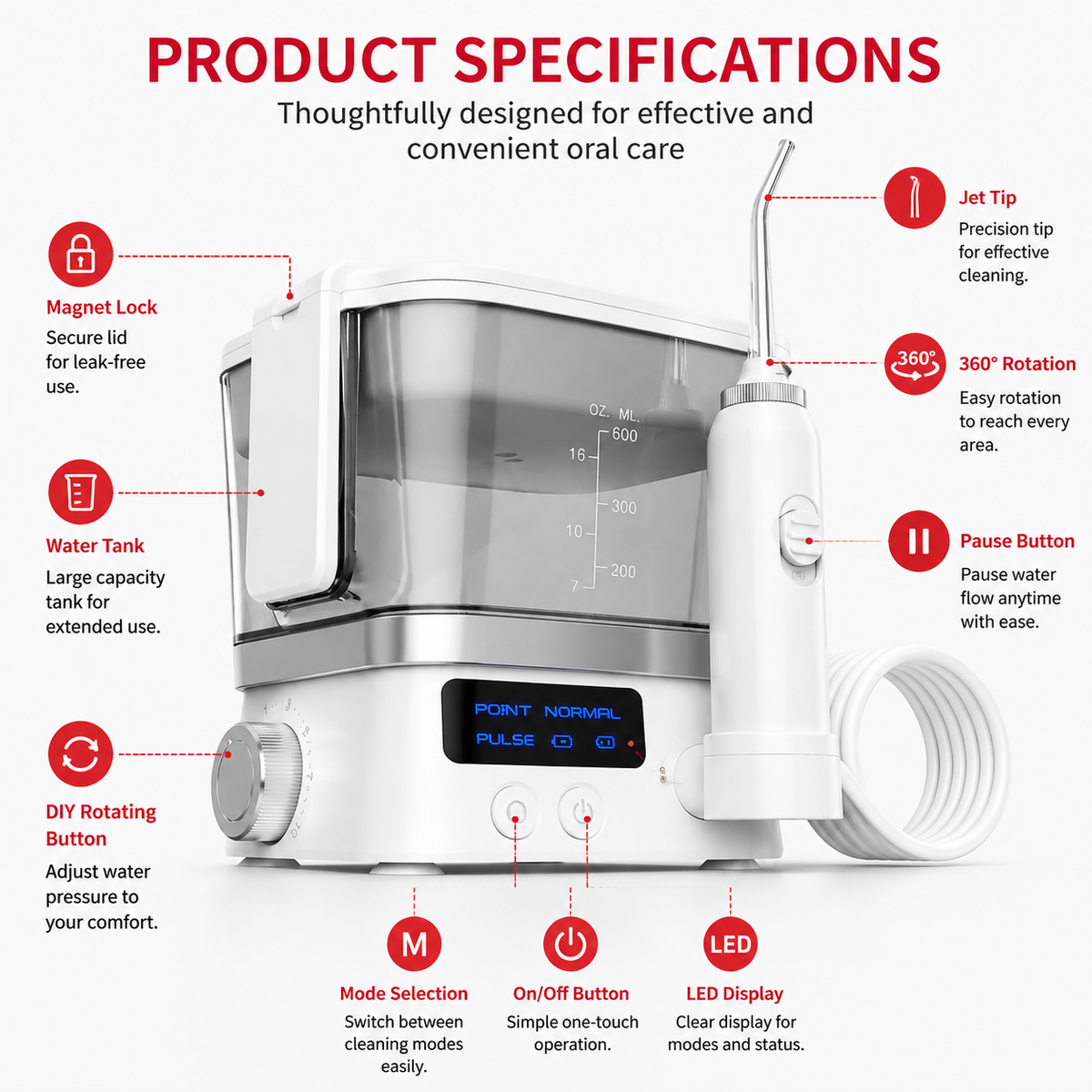 Premium 600ML Oral Irrigator Electric Water Flosser 10 Modes IPX7 Waterproof Rechargeable Dental Cleaner 4 Tips Adjustable Pressure Oral Care