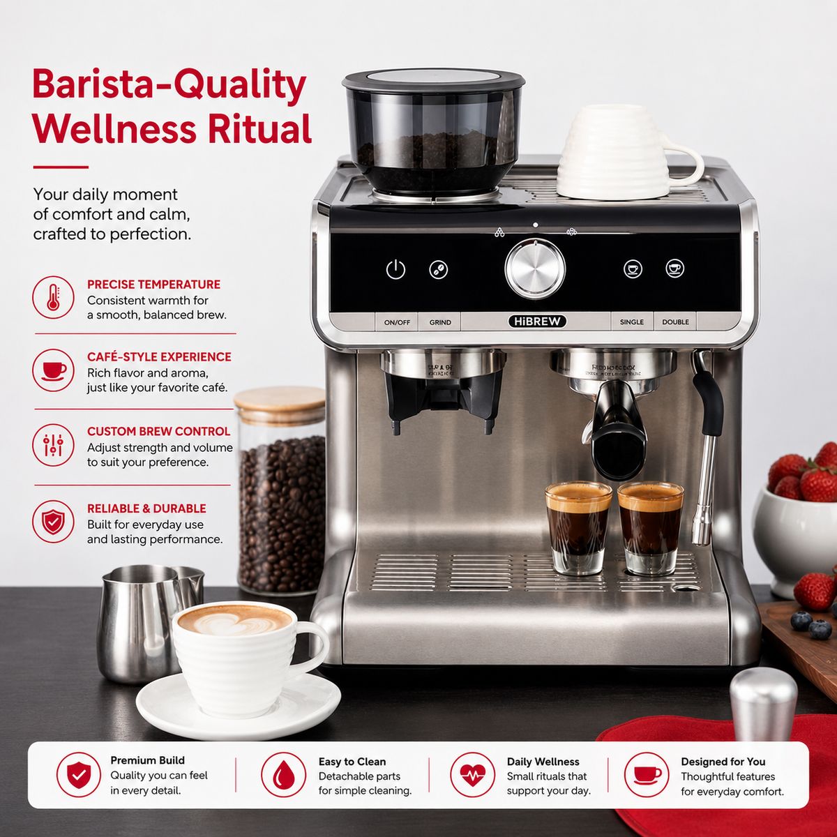 Premium Bean to Cup Espresso Machine with Grinder 20 Bar Dual Boiler Coffee Maker Touchscreen Built-In Burr Grinder Steam Wand Home Espresso Machine
