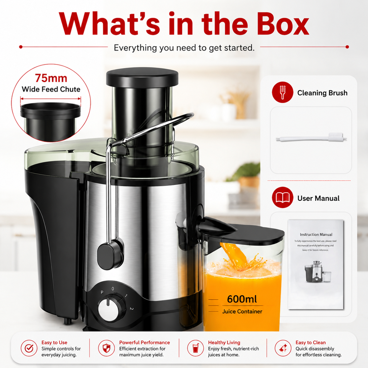 Premium Centrifugal Juicer 600W 3 Inch Wide Chute Dual Speed Stainless Steel Blade Fast Juice Extractor for Whole Fruits Vegetables Easy Clean Kitchen Juicer Machine