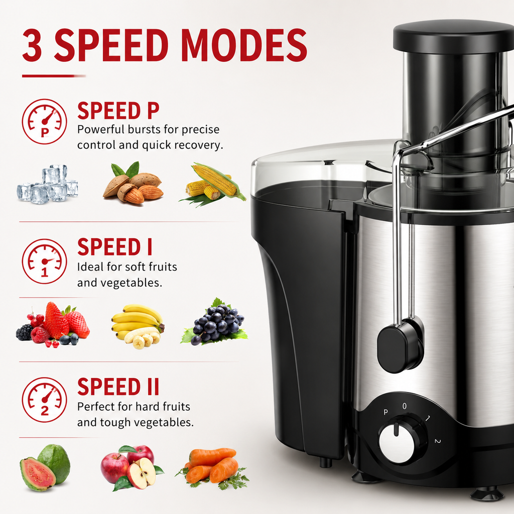 Premium Centrifugal Juicer 600W 3 Inch Wide Chute Dual Speed Stainless Steel Blade Fast Juice Extractor for Whole Fruits Vegetables Easy Clean Kitchen Juicer Machine