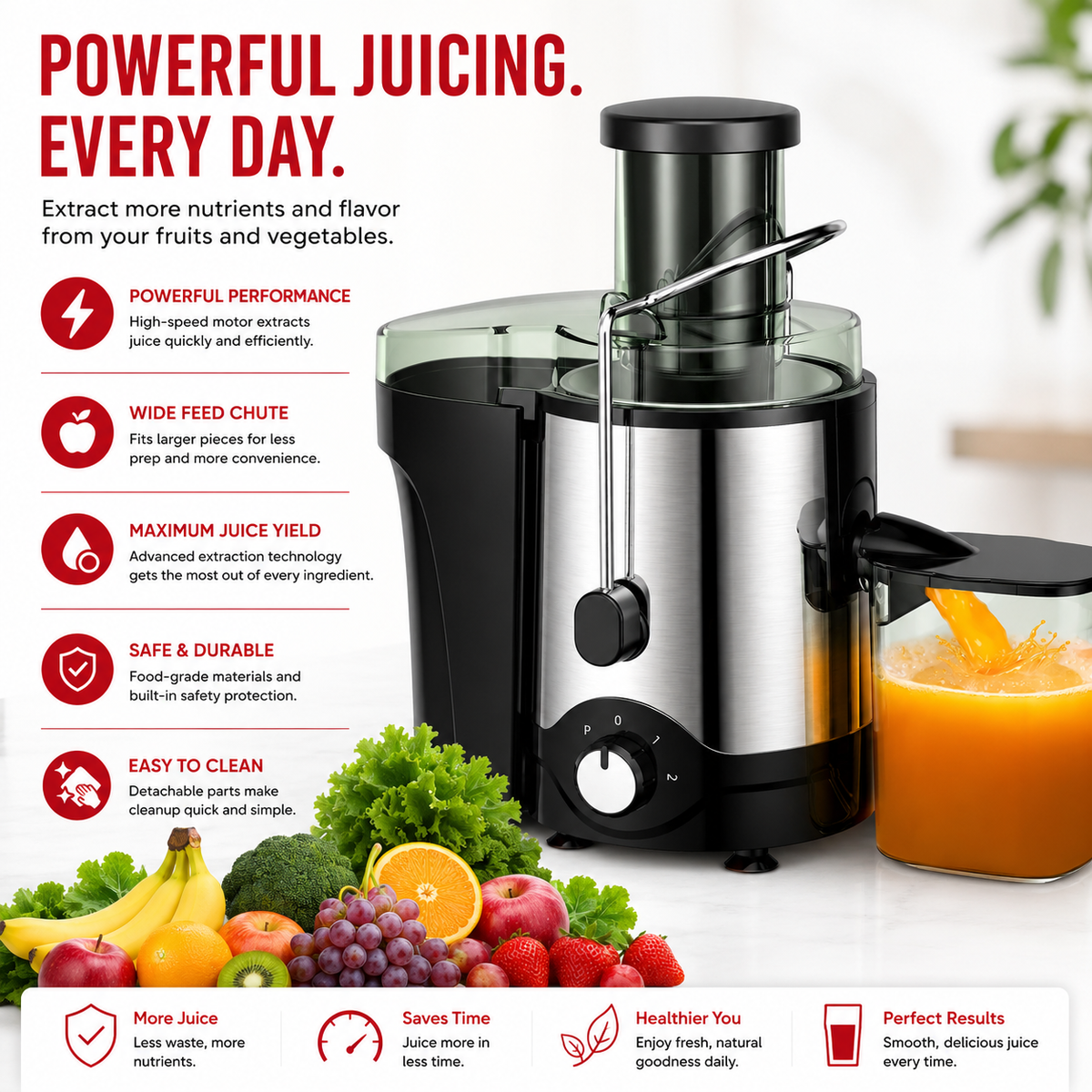 Premium Centrifugal Juicer 600W 3 Inch Wide Chute Dual Speed Stainless Steel Blade Fast Juice Extractor for Whole Fruits Vegetables Easy Clean Kitchen Juicer Machine