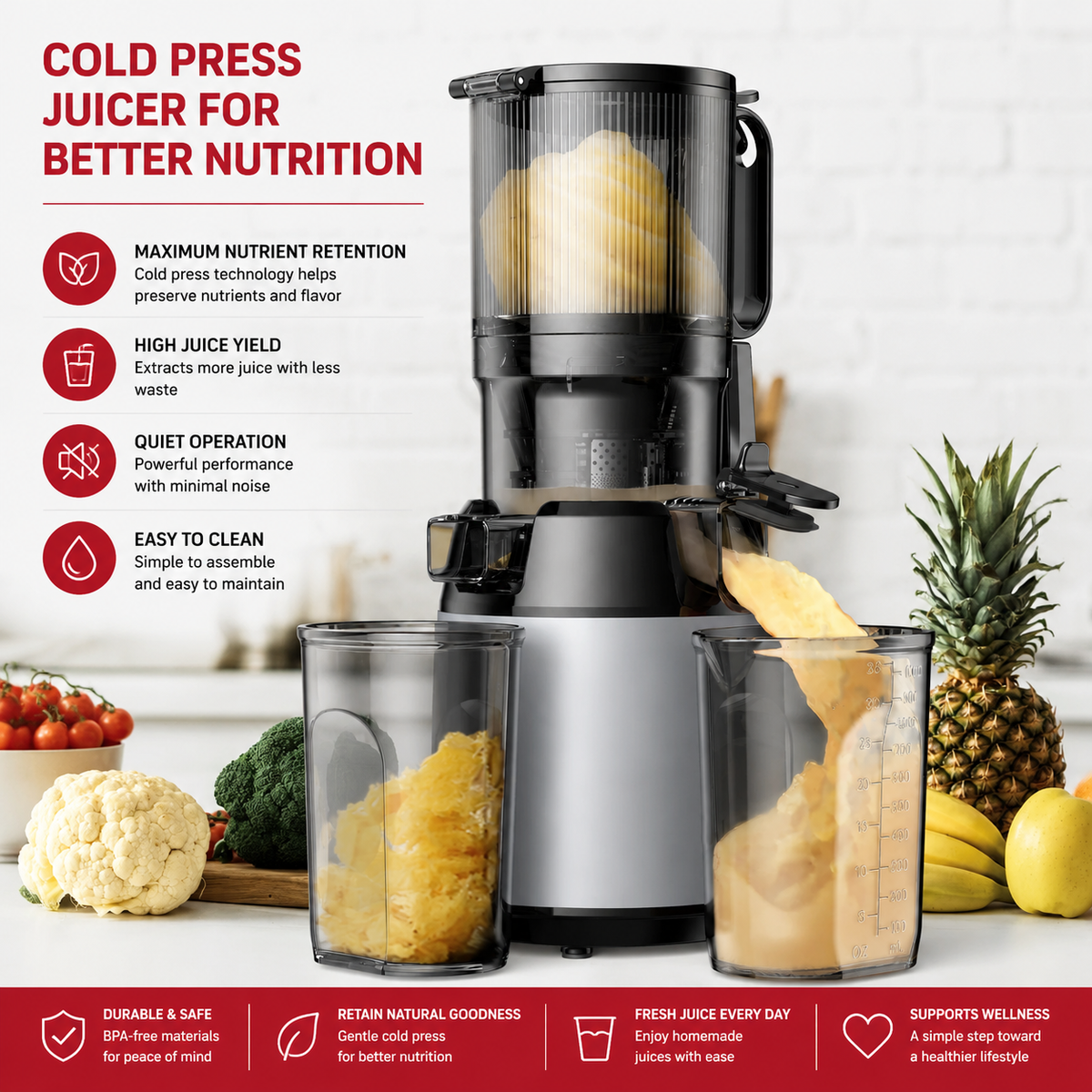 Premium Cold Press Juicer Machine 5.1 Inch Wide Chute Slow Masticating Juicer 150W Quiet Motor BPA-Free Triple Filter Easy Clean Juice Extractor for Fruits Vegetables Kitchen Use