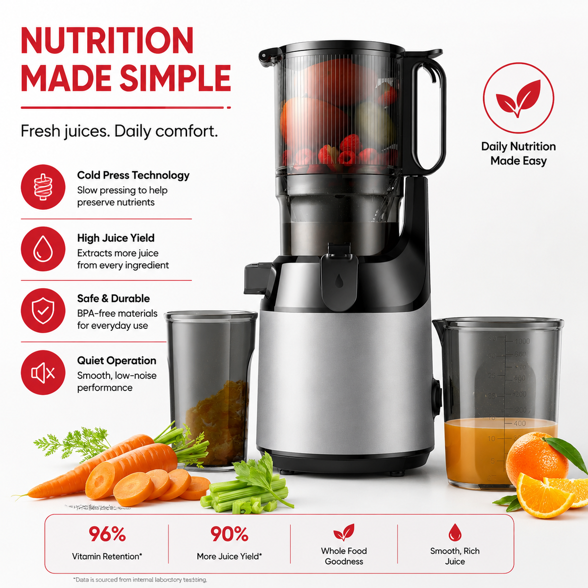Premium Cold Press Juicer Machine 5.1 Inch Wide Chute Slow Masticating Juicer 150W Quiet Motor BPA-Free Triple Filter Easy Clean Juice Extractor for Fruits Vegetables Kitchen Use