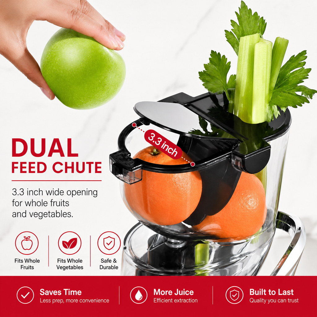 Premium Cold Press Juicer Wide 3.27 Inch Chute BPA Free High Juice Yield Low Noise Masticating Juicer for Whole Fruits Vegetables Leafy Greens Home Use