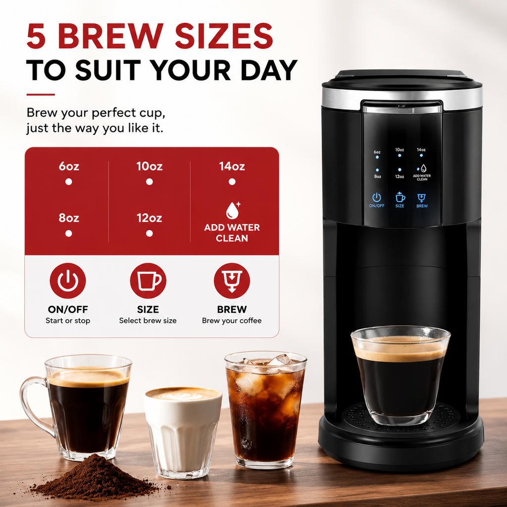Premium Dual Brew Coffee Maker K-Cup and Ground Coffee Machine 5 Brew Sizes 40oz Water Tank Touchscreen Control Compact Coffee Brewer