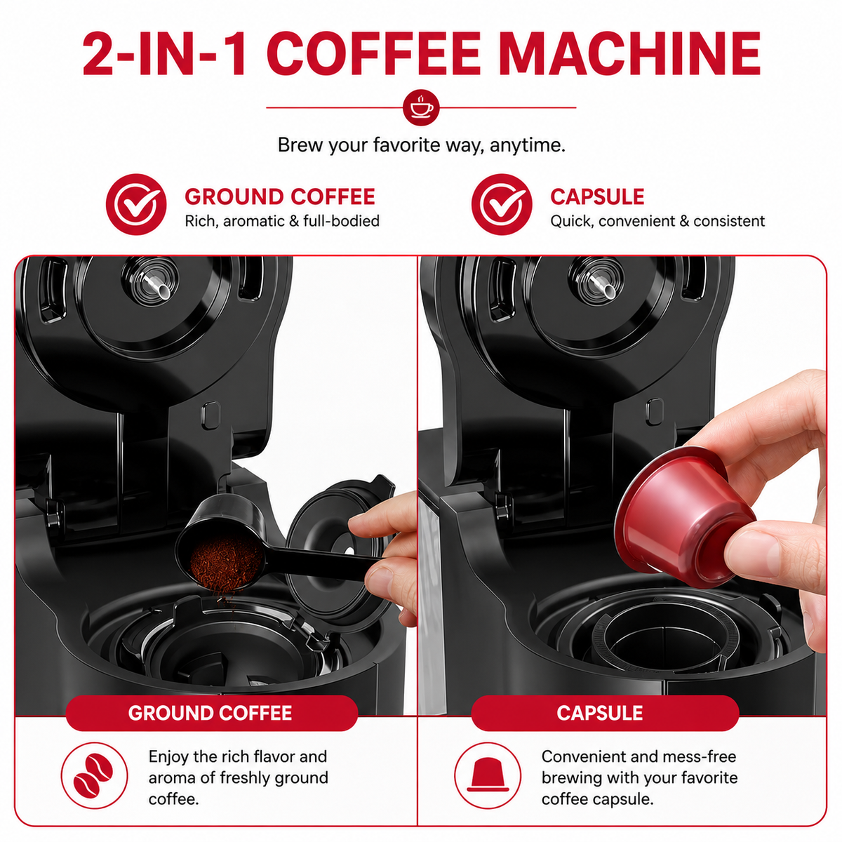 Premium Dual Brew Coffee Maker K-Cup and Ground Coffee Machine 5 Brew Sizes 40oz Water Tank Touchscreen Control Compact Coffee Brewer