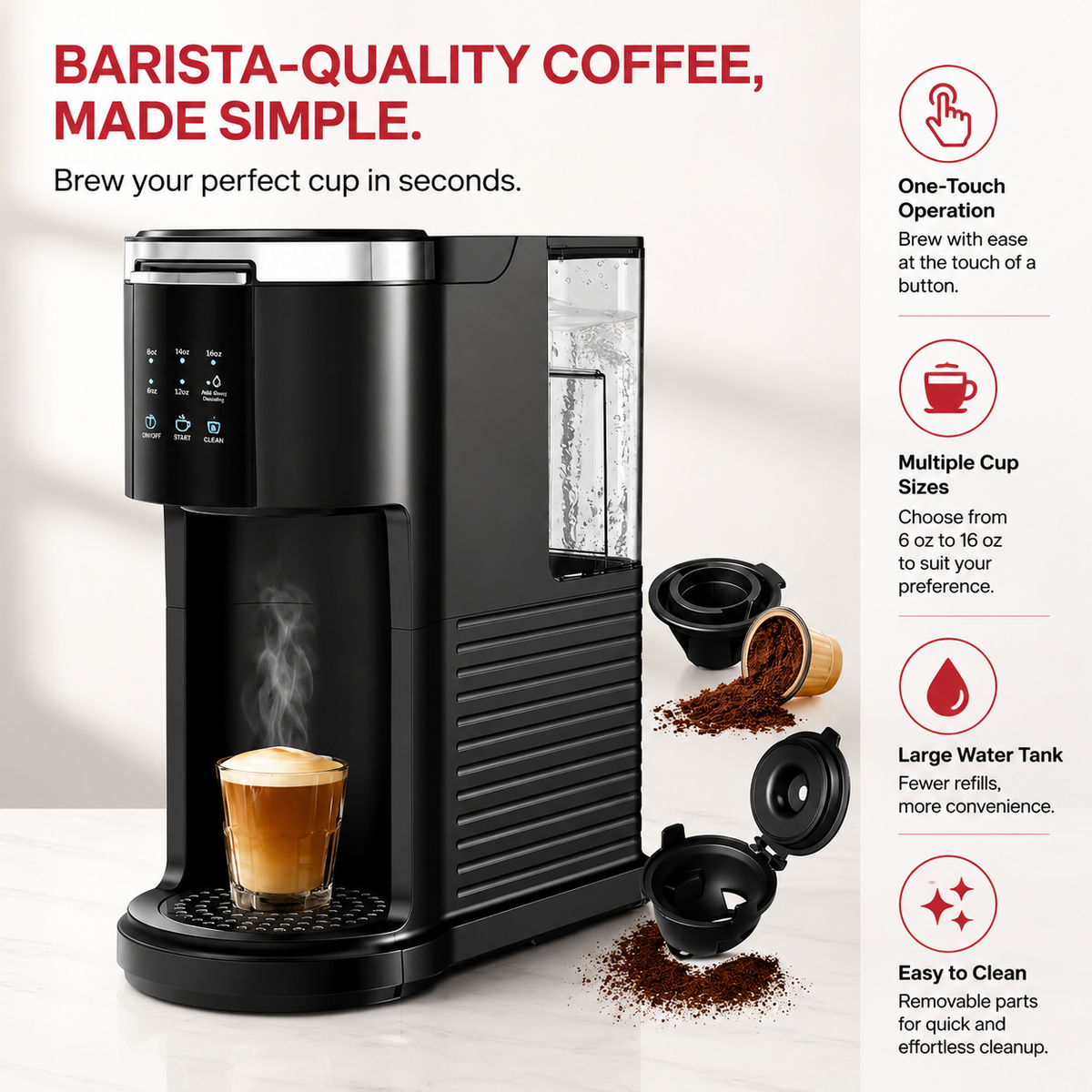 Premium Dual Brew Coffee Maker K-Cup and Ground Coffee Machine 5 Brew Sizes 40oz Water Tank Touchscreen Control Compact Coffee Brewer