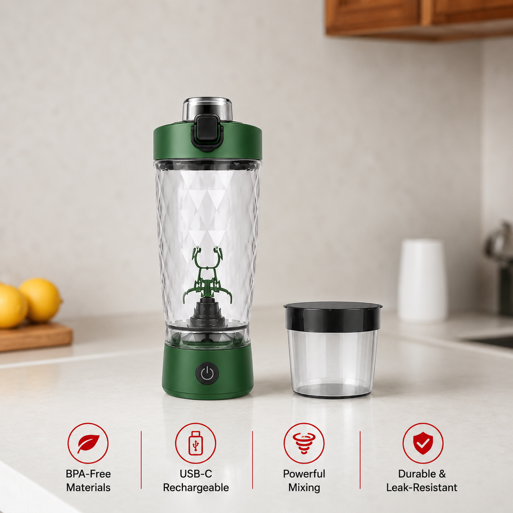 Premium Electric Protein Shaker Bottle 7500RPM USB-C Rechargeable Self Cleaning Mixer Built-in Powder Storage BPA-Free Portable Smooth Drink Blender Gym Travel Use