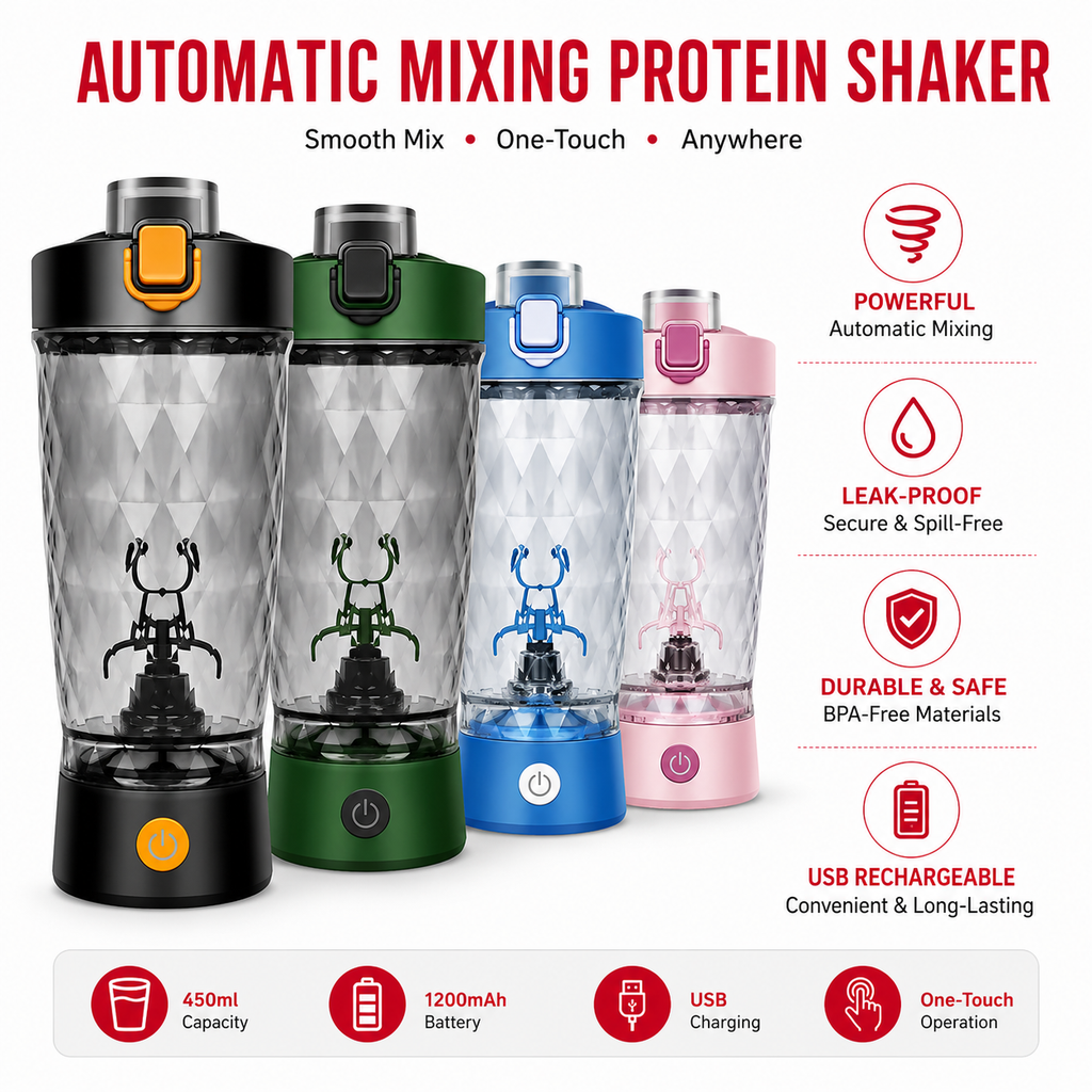 Premium Electric Protein Shaker Bottle 7500RPM USB-C Rechargeable Self Cleaning Mixer Built-in Powder Storage BPA-Free Portable Smooth Drink Blender Gym Travel Use