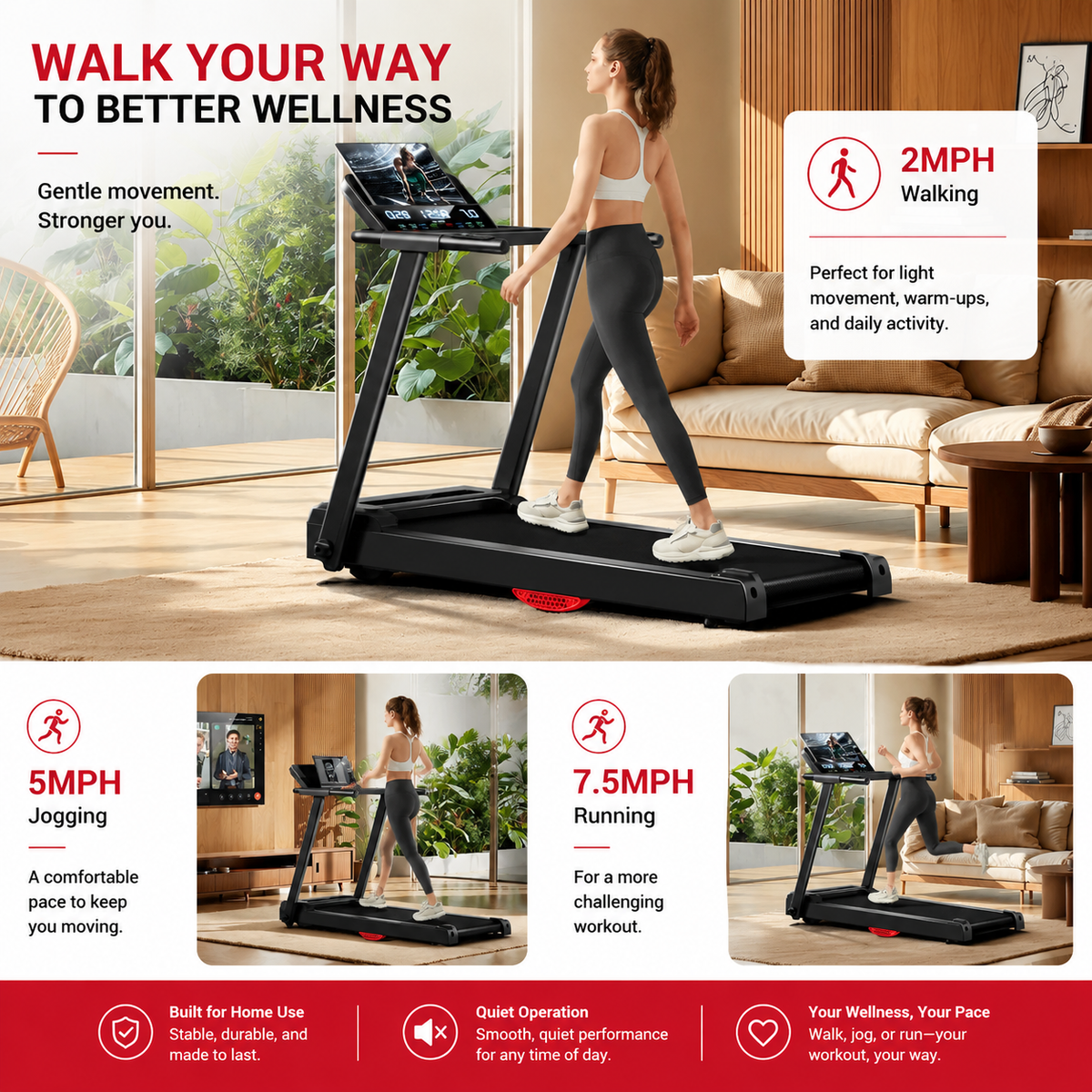 Premium Foldable Smart Treadmill 3.0HP Brushless Motor Quiet Under 45dB Bluetooth Audio 7 Layer Shock Absorption LED Display Compact Home Running Machine