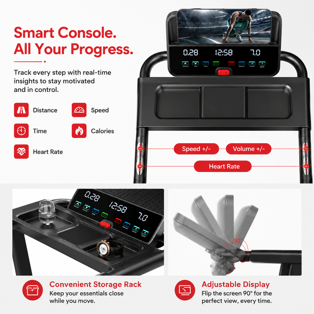 Premium Foldable Smart Treadmill 3.0HP Brushless Motor Quiet Under 45dB Bluetooth Audio 7 Layer Shock Absorption LED Display Compact Home Running Machine