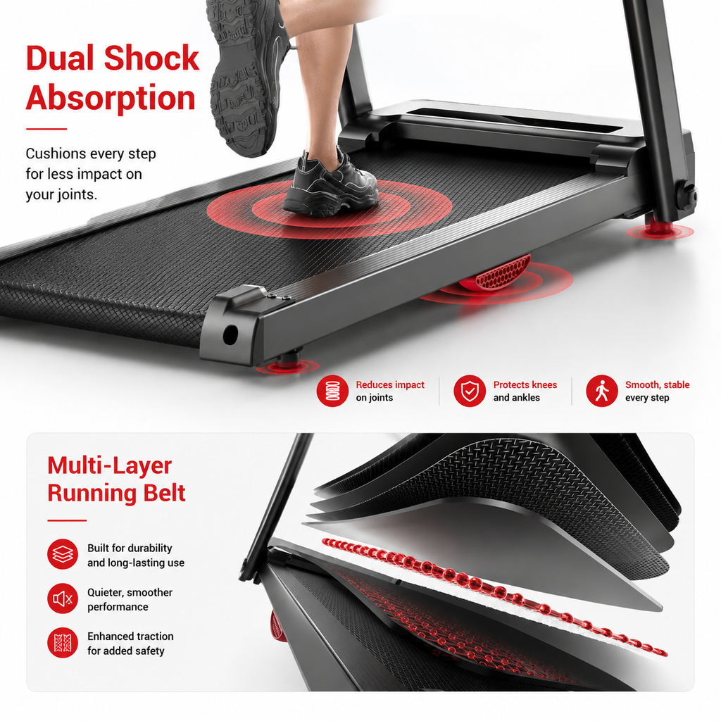Premium Foldable Smart Treadmill 3.0HP Brushless Motor Quiet Under 45dB Bluetooth Audio 7 Layer Shock Absorption LED Display Compact Home Running Machine
