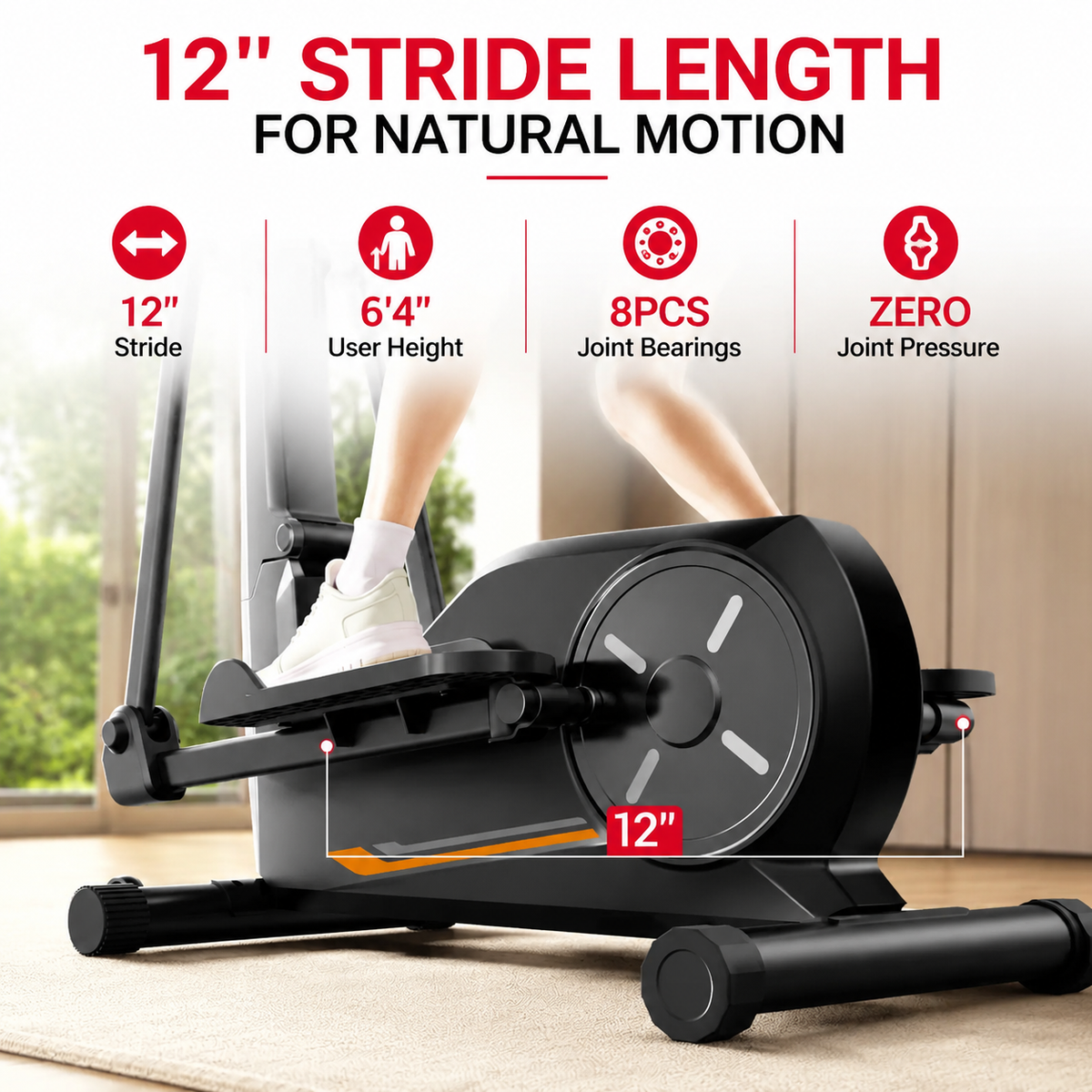 Premium Magnetic Elliptical Machine for Home Quiet Elliptical Trainer 8 Resistance Levels 12 Inch Stride LCD Monitor Cardio Exercise Fitness Machine Indoor Use