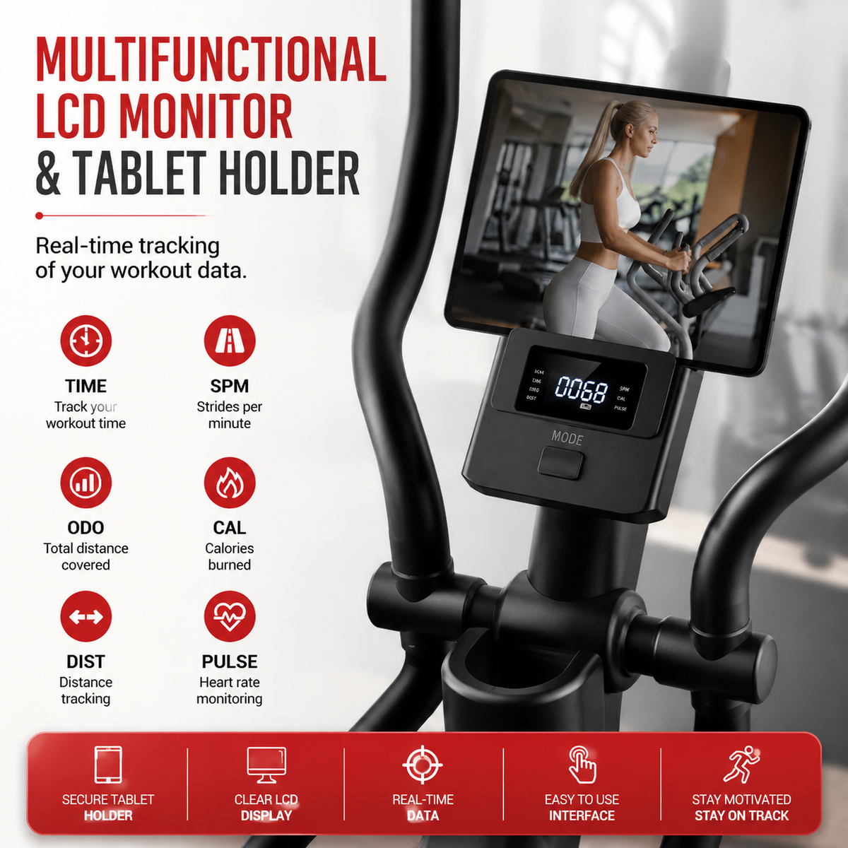 Premium Magnetic Elliptical Machine for Home Quiet Elliptical Trainer 8 Resistance Levels 12 Inch Stride LCD Monitor Cardio Exercise Fitness Machine Indoor Use