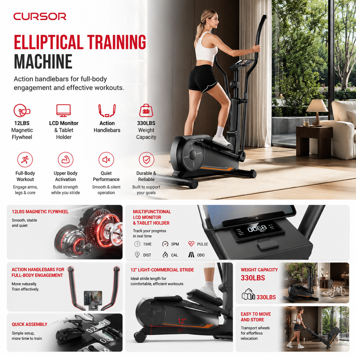 Premium Magnetic Elliptical Machine for Home Quiet Elliptical Trainer 8 Resistance Levels 12 Inch Stride LCD Monitor Cardio Exercise Fitness Machine Indoor Use