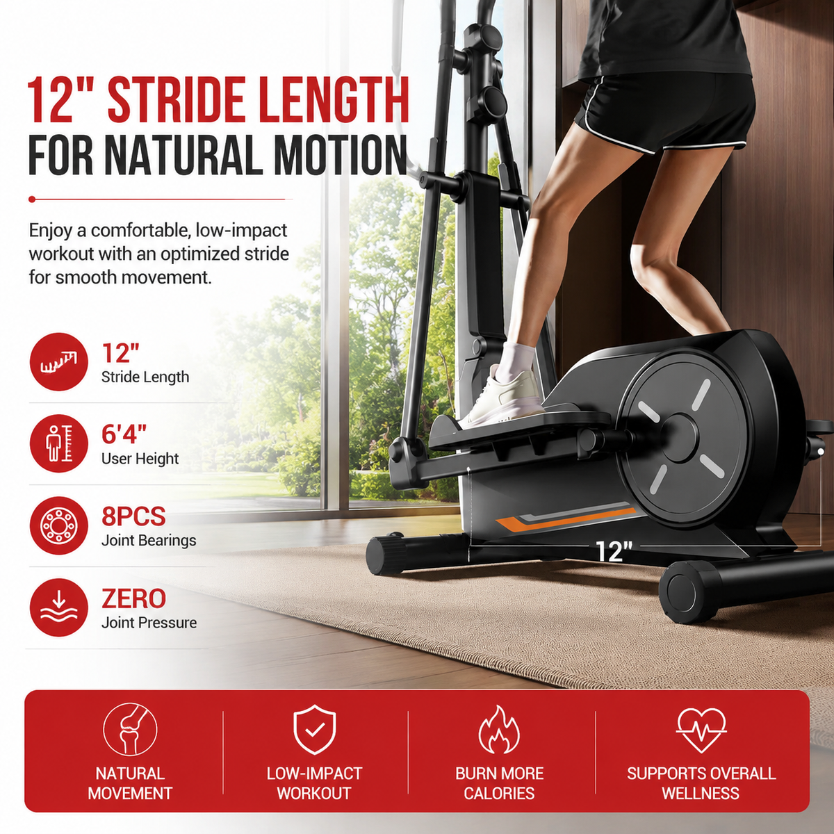 Premium Magnetic Elliptical Machine for Home Quiet Elliptical Trainer 8 Resistance Levels 12 Inch Stride LCD Monitor Cardio Exercise Fitness Machine Indoor Use