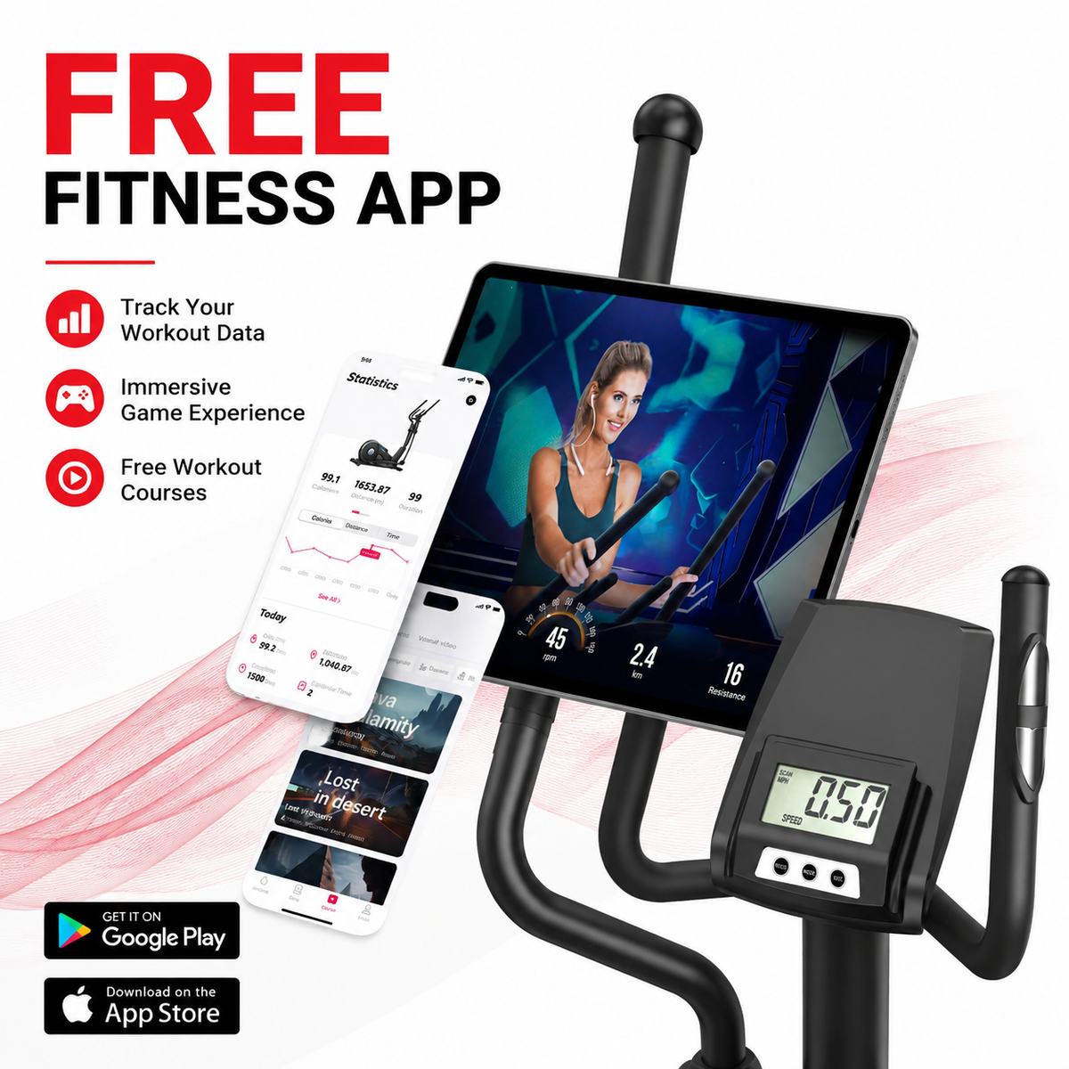Premium Magnetic Elliptical for Home 16-Level Resistance Quiet Cardio Trainer 15.5 Inch Stride App Connectivity Compact Foldable 350 lb Capacity