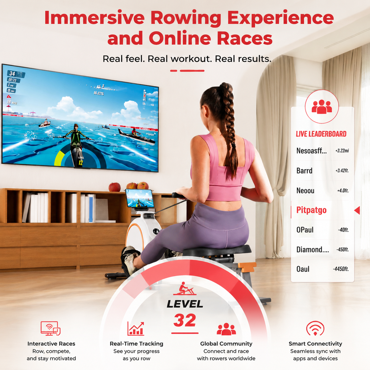 Premium Magnetic Rowing Machine for Home 32 Level Adjustable Resistance Cardio Rower LED Monitor Bluetooth Strength Training Fitness Equipment
