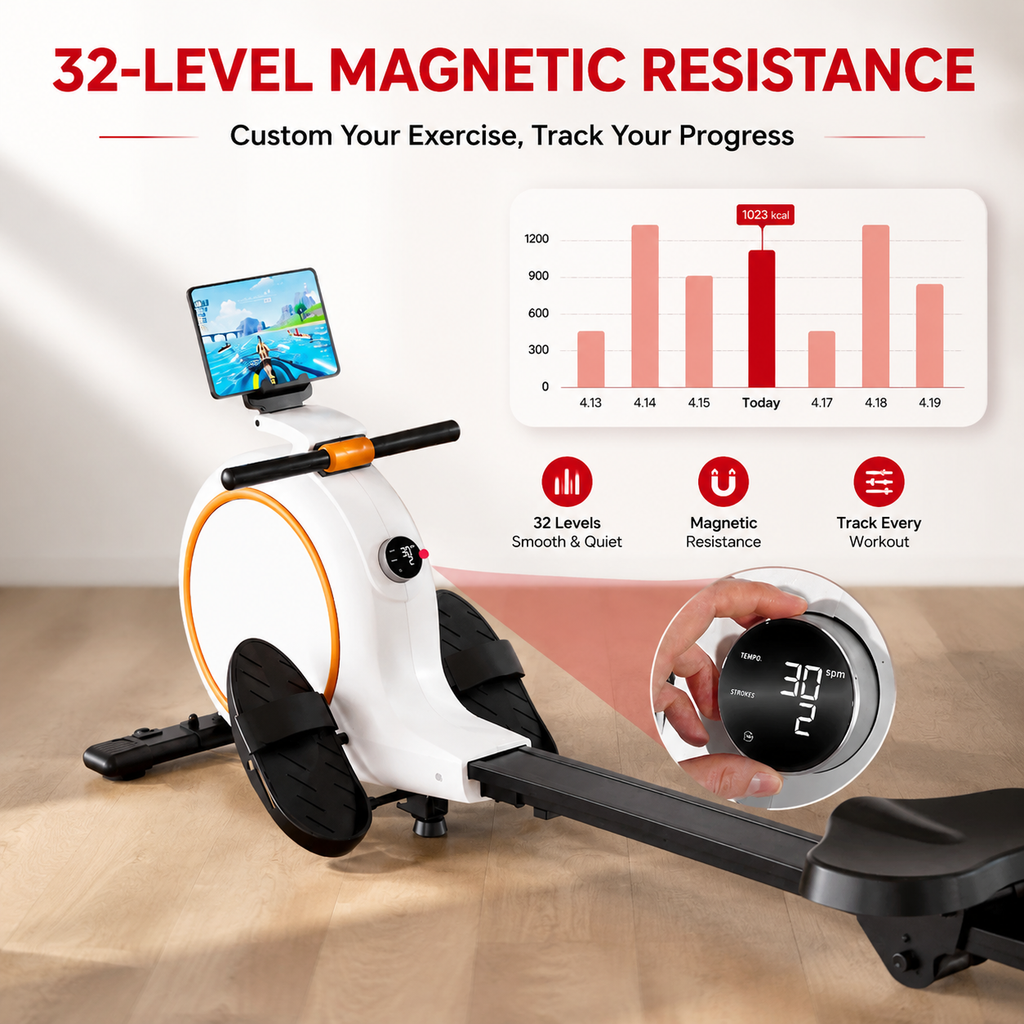 Premium Magnetic Rowing Machine for Home 32 Level Adjustable Resistance Cardio Rower LED Monitor Bluetooth Strength Training Fitness Equipment