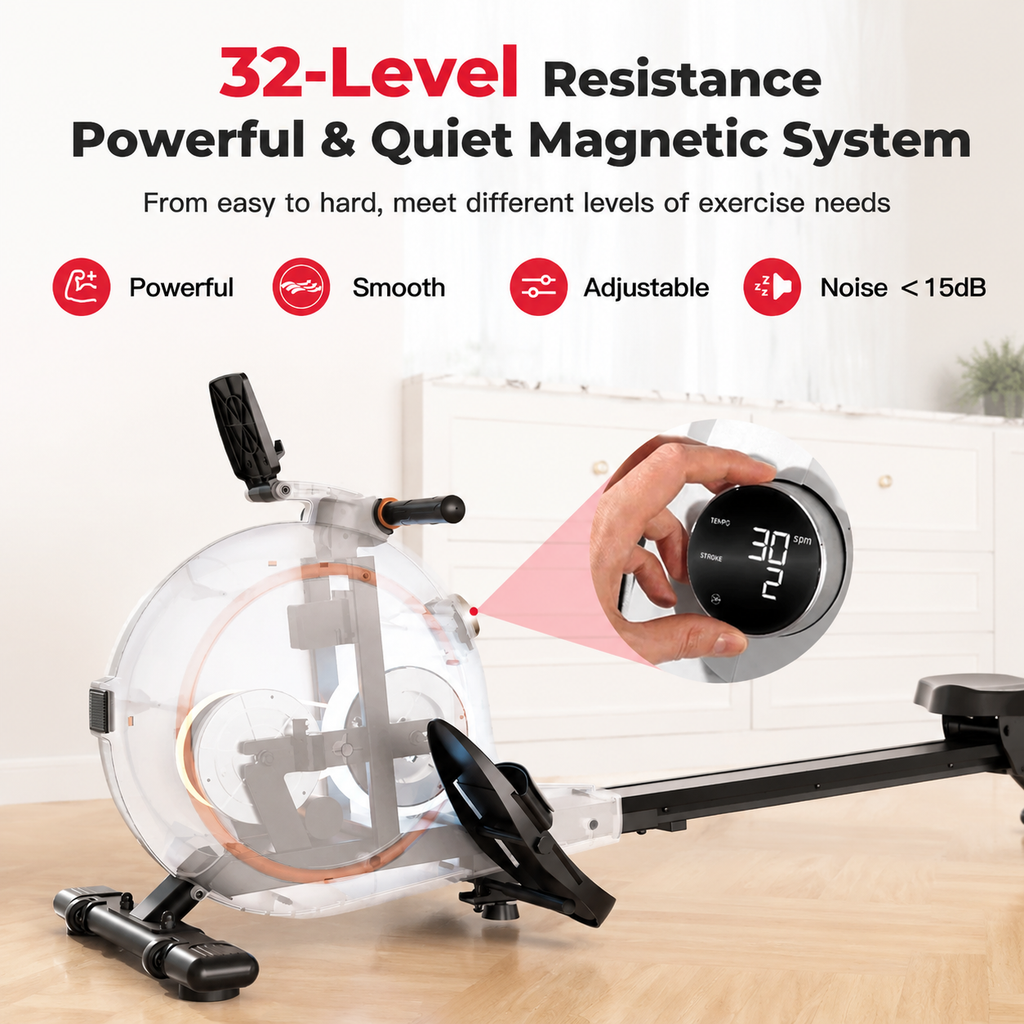 Premium Magnetic Rowing Machine for Home 32 Level Adjustable Resistance Cardio Rower LED Monitor Bluetooth Strength Training Fitness Equipment