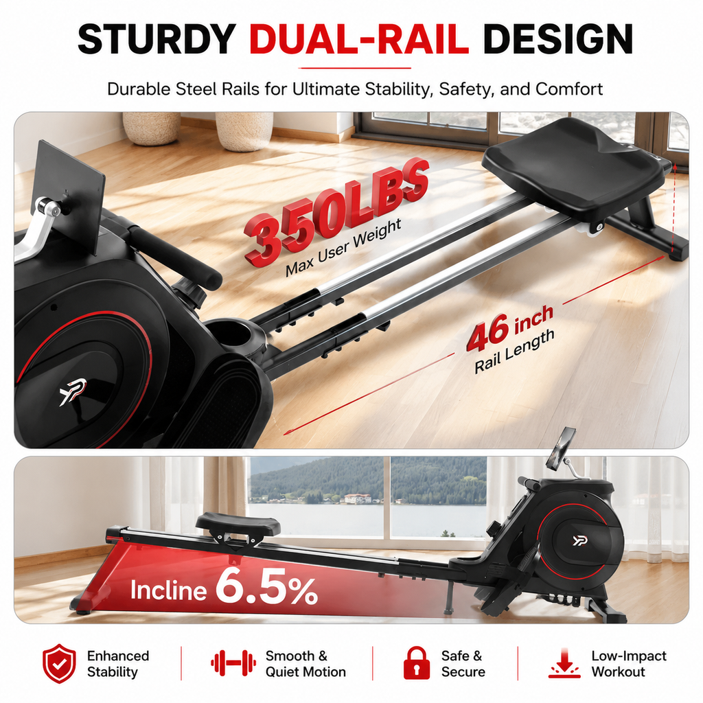 Premium Magnetic Rowing Machine for Home 350 lb Capacity 16 Level Silent Resistance Full Body Cardio Trainer Dual Slide Rail LCD Monitor