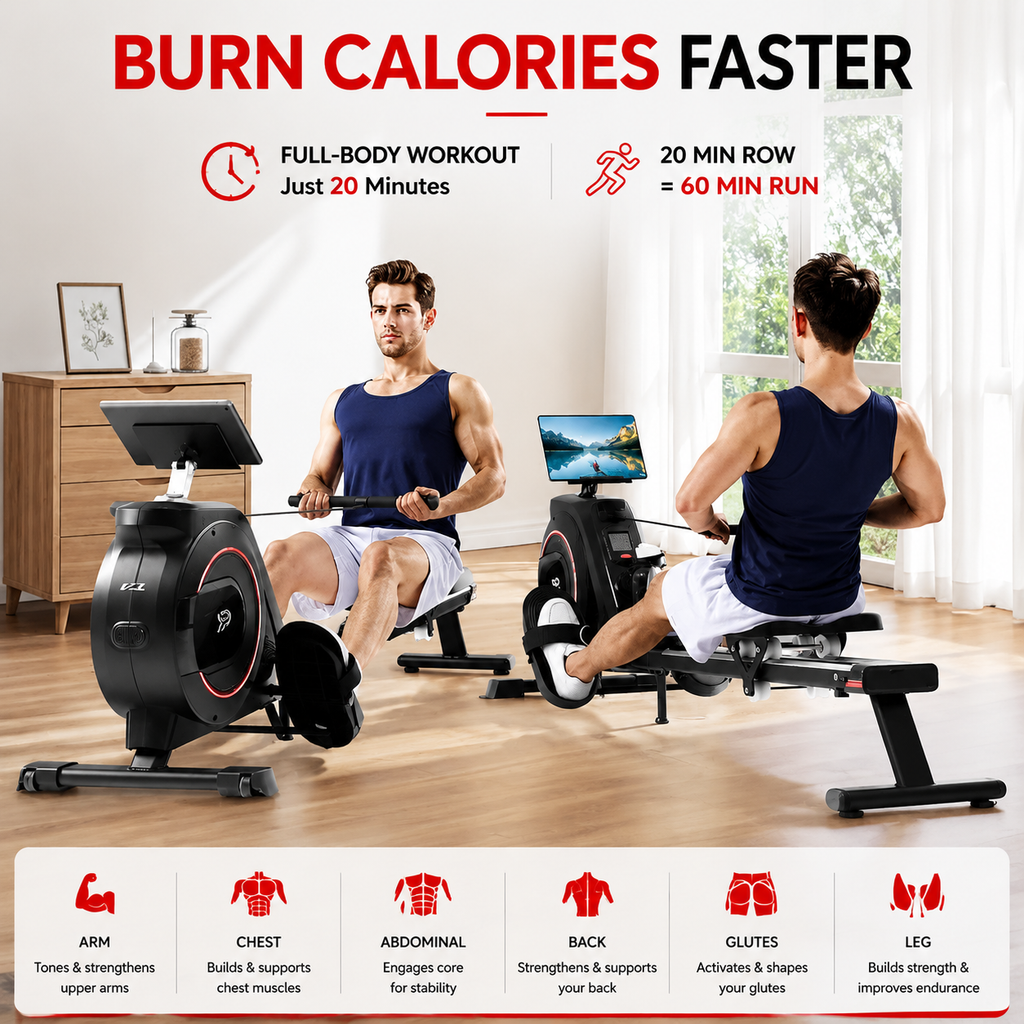 Premium Magnetic Rowing Machine for Home 350 lb Capacity 16 Level Silent Resistance Full Body Cardio Trainer Dual Slide Rail LCD Monitor
