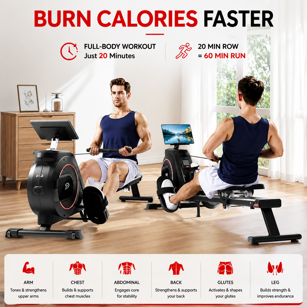 Premium Magnetic Rowing Machine for Home 350 lb Capacity 16 Level Silent Resistance Full Body Cardio Trainer Dual Slide Rail LCD Monitor