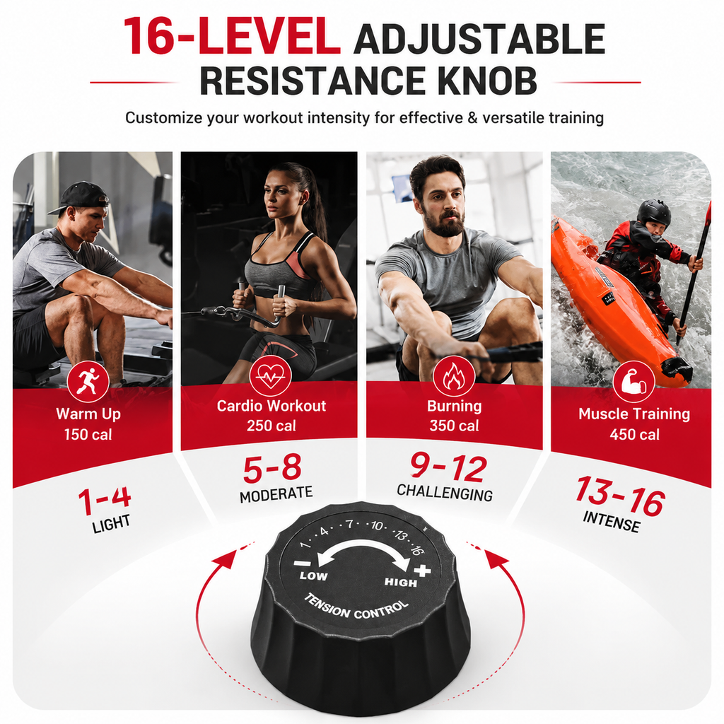 Premium Magnetic Rowing Machine for Home 350 lb Capacity 16 Level Silent Resistance Full Body Cardio Trainer Dual Slide Rail LCD Monitor
