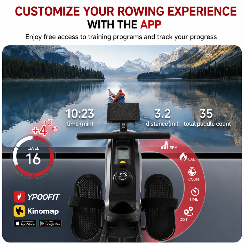 Premium Magnetic Rowing Machine for Home 350 lb Capacity 16 Level Silent Resistance Full Body Cardio Trainer Dual Slide Rail LCD Monitor