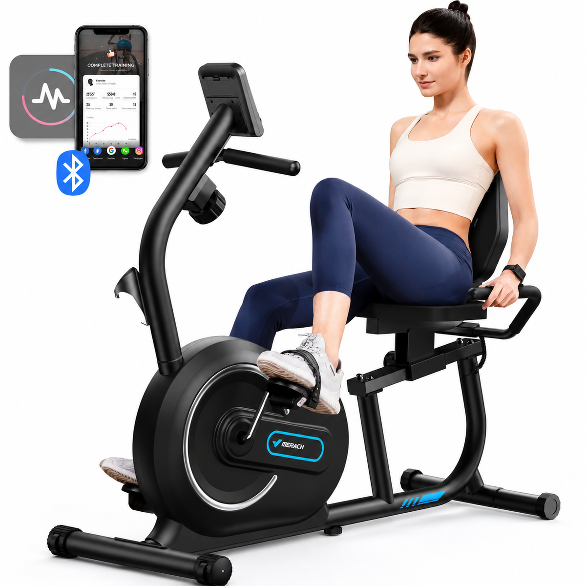 Premium Smart Bluetooth Recumbent Exercise Bike Magnetic Resistance Fitness Bike for Seniors Home Use Heart Rate Monitor App Sync Quiet Cardio Machine