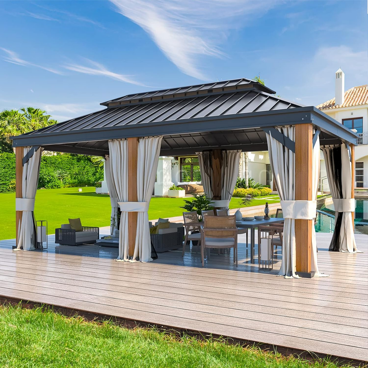 EROMMY 12X20 Wooden Finish Coated Aluminum Gazebo with Metal Roof