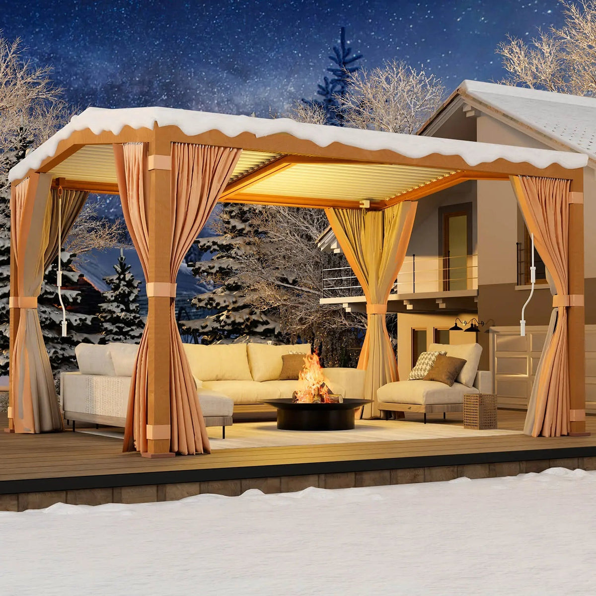 EROMMY 11x13 Louvered Aluminum Pergola with Canopy – Wood Grain