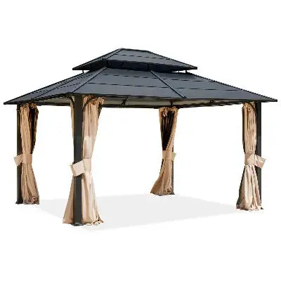 EROMMY 12' x 14' Hardtop Gazebo Outdoor Double Roof with Curtains and Netting,  Anti-Rust Coating Frame