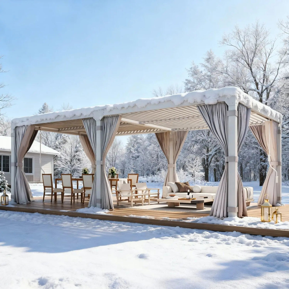 EROMMY 10x20 Louvered Pergola with Outdoor Curtains – White