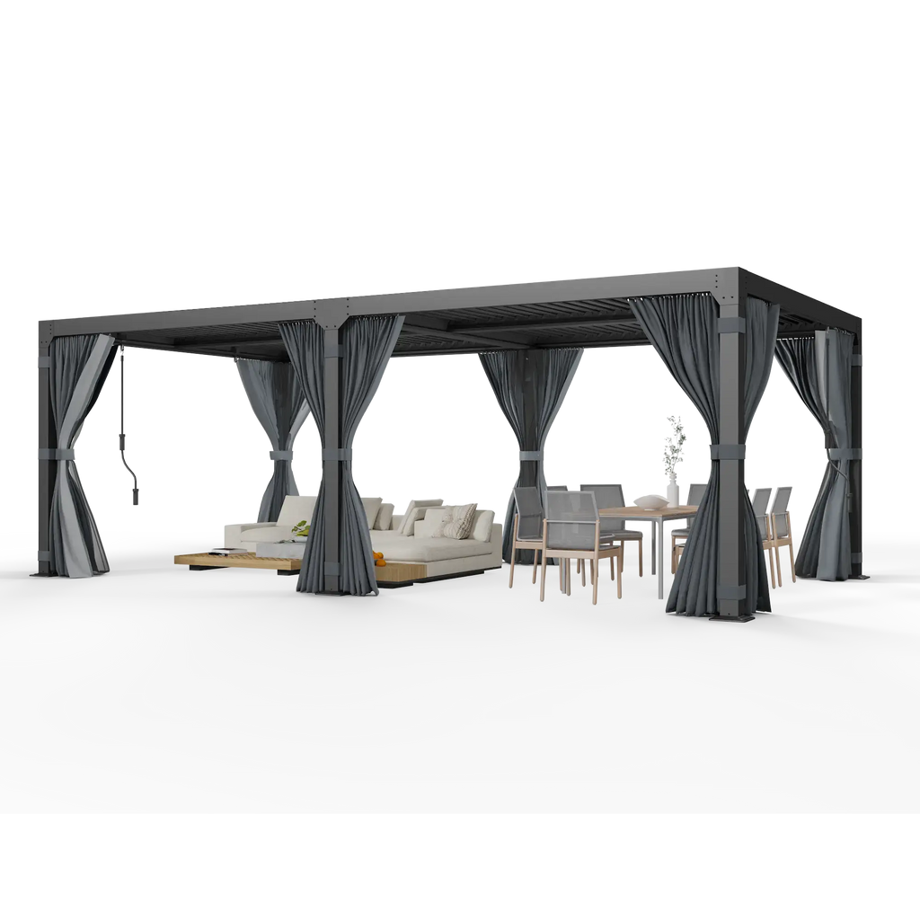 EROMMY 10x20 Metal Louvered Pergola with Outdoor Curtains – Dark Grey