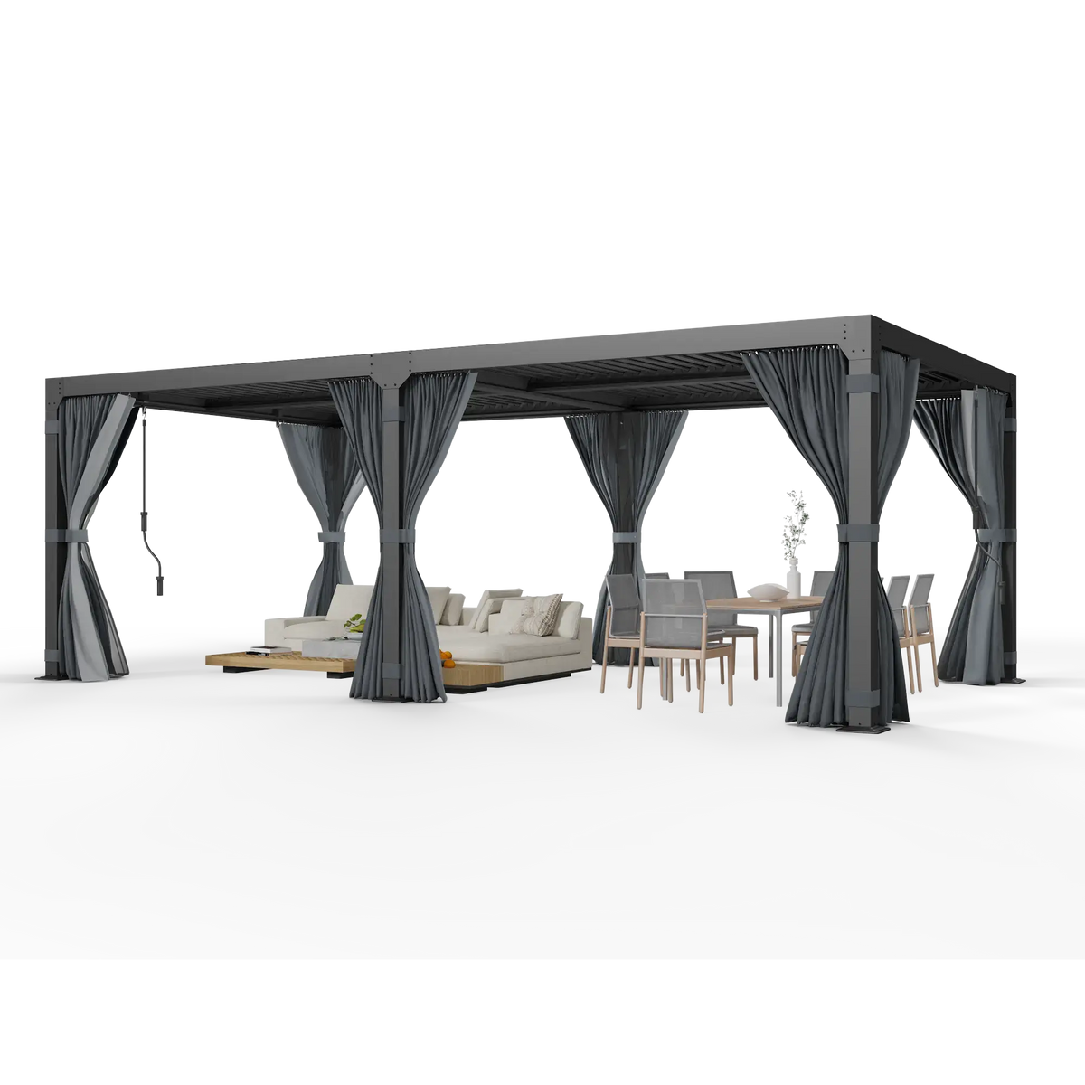 EROMMY 10x20 Metal Louvered Pergola with Outdoor Curtains – Dark Grey