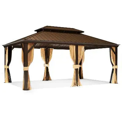 EROMMY 12' x 18' Gazebo with Water Gutter Double Hardtop Roof Galvanized Steel Pavilion Aluminum Frame Permanent Brown