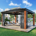 EROMMY 12' x 14' Hardtop Gazebo, Galvanized Steel Top with Wood Grain Aluminum Frame, Permanent Metal Pavilion with Three-Layer Storage Shelvess