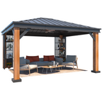 EROMMY 12' x 14' Hardtop Gazebo, Galvanized Steel Top with Wood Grain Aluminum Frame, Permanent Metal Pavilion with Three-Layer Storage Shelvess