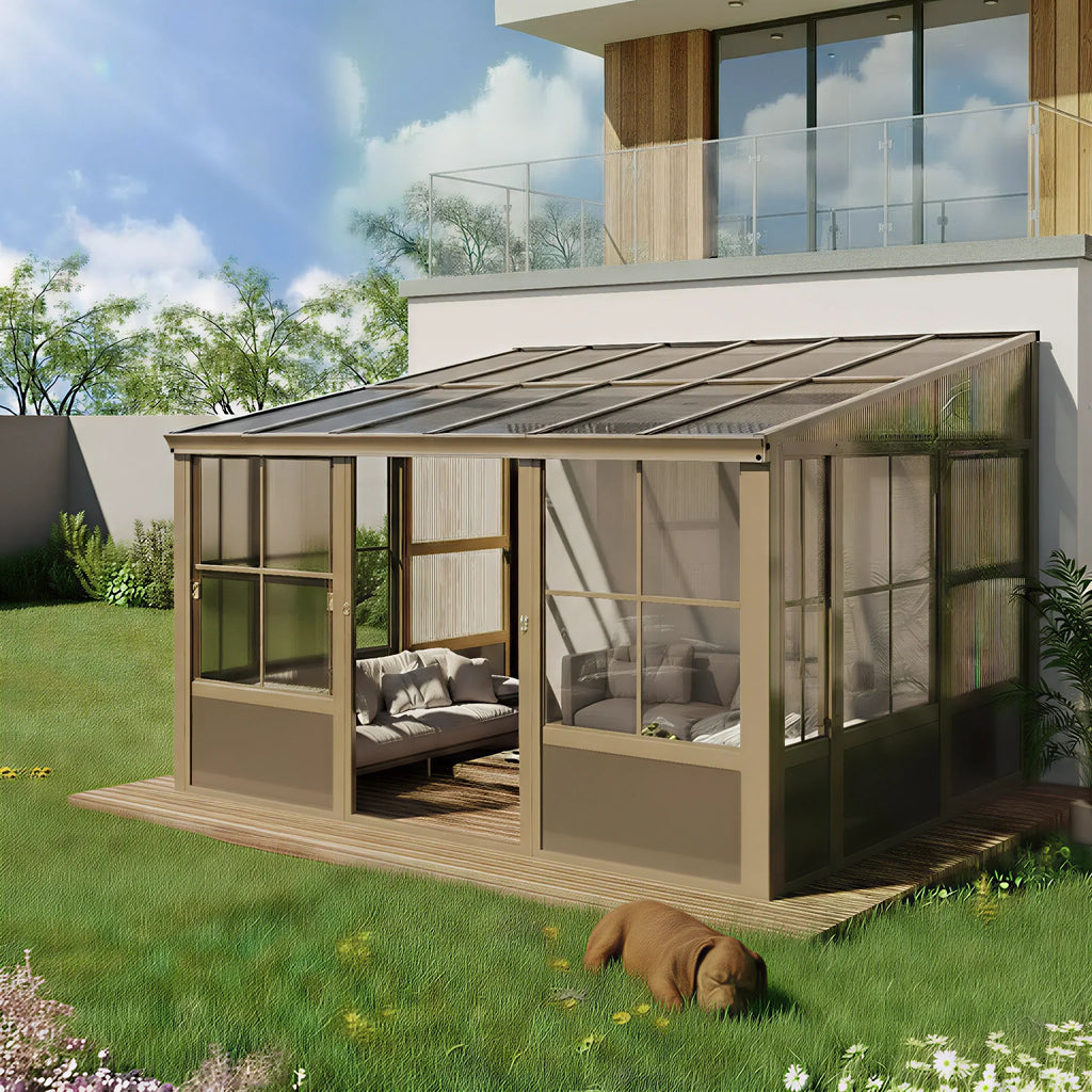 EROMMY 10X12 Wall Mounted Sunroom with Prefab 4-season Design – Brown