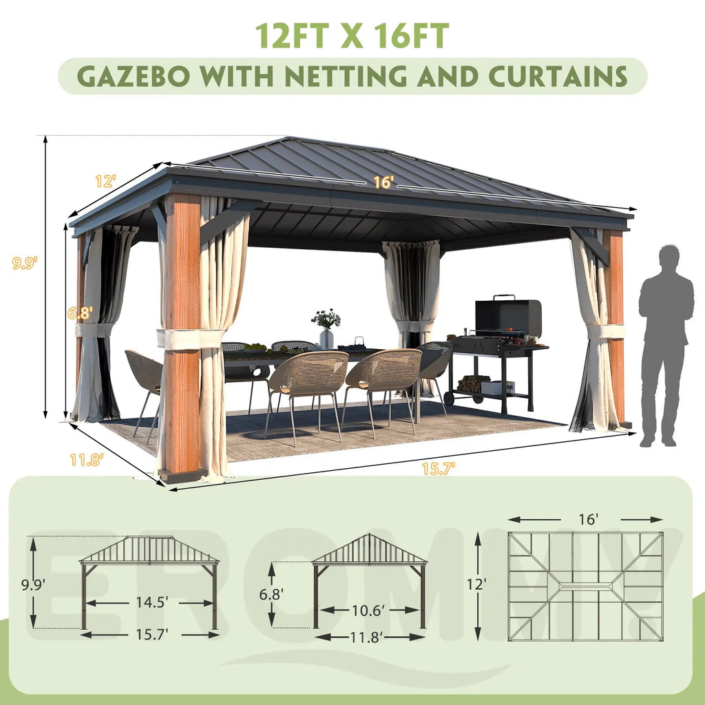 EROMMY 12' x 16' Luxury Ultra-Thick Columns and Beams Hardtop Gazebo with Faux Wood Grain Aluminum Frame, Vertical Stripe Galvanized Steel Single Roof