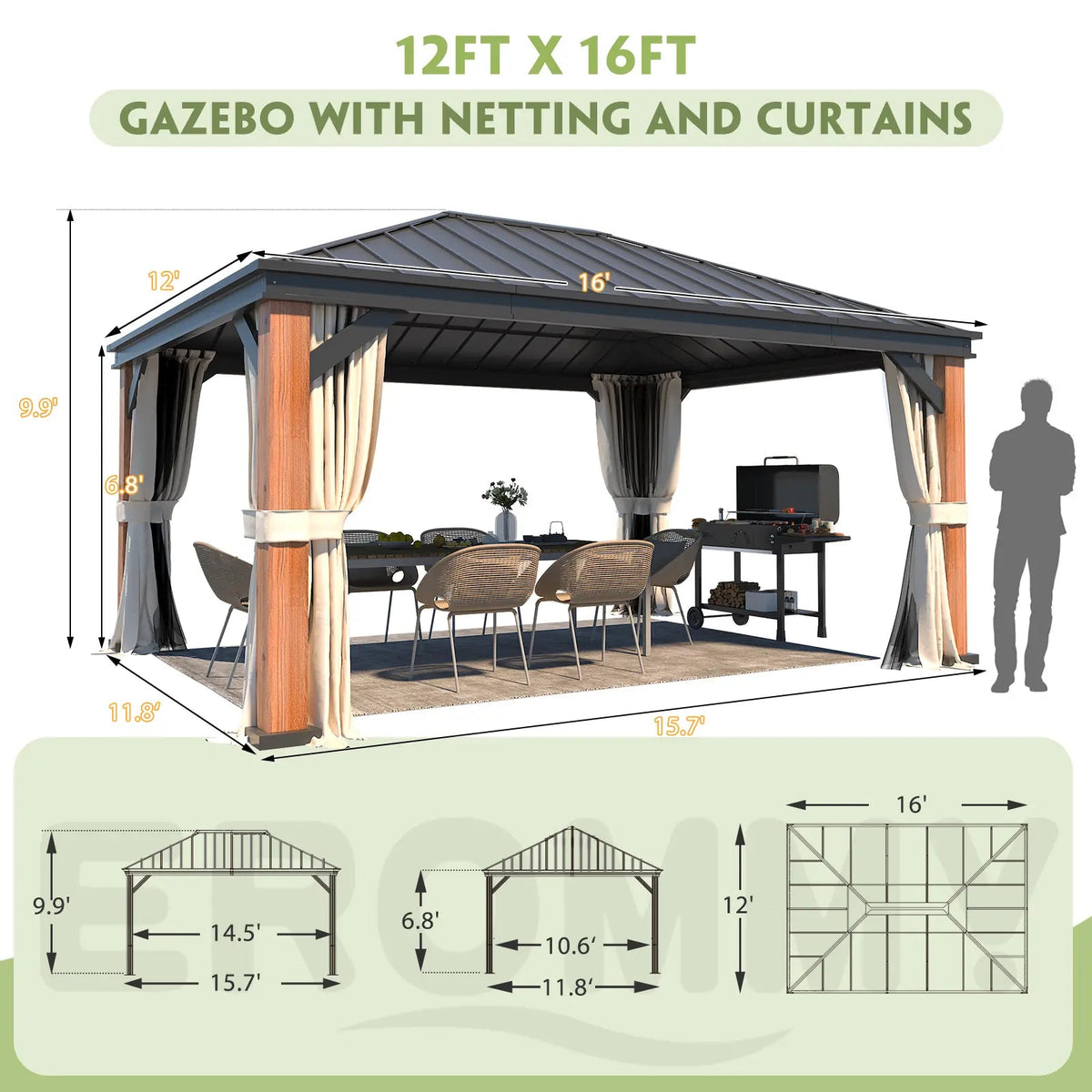 EROMMY 12' x 16' Luxury Ultra-Thick Columns and Beams Hardtop Gazebo with Faux Wood Grain Aluminum Frame, Vertical Stripe Galvanized Steel Single Roof