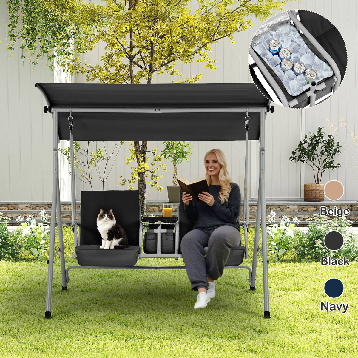 EROMMY 2-Person Outdoor Swing with Canopy, Storage Table, Cooler Bag & Cushions – Black